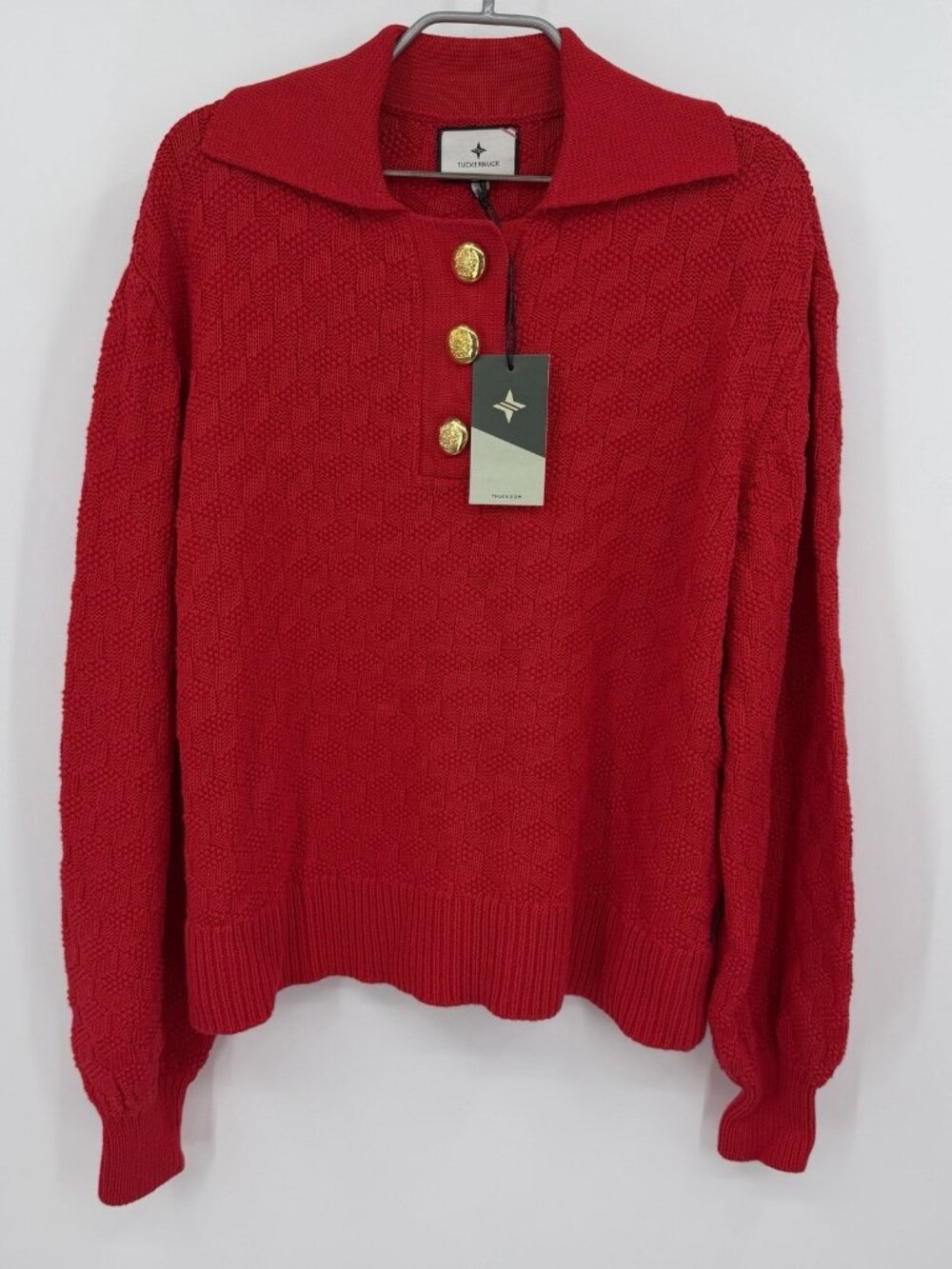 Tuckernuck Red Quilted Polo Henley Sweater with Gold Buttons size XS Oversized